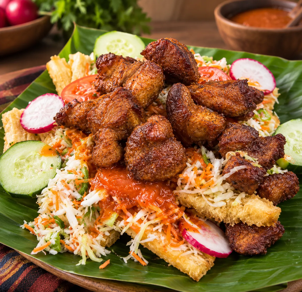 Yuca frita con chicharrón (estilo salvadoreño)