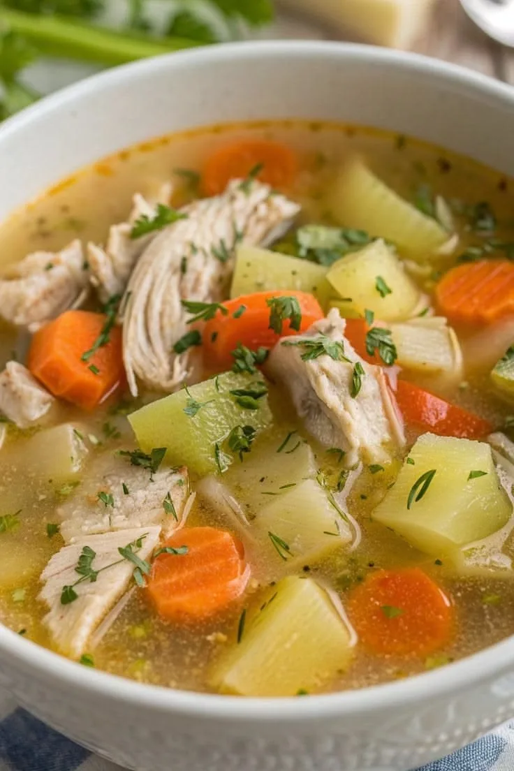 Chicken Consommé with Shredded Chicken and White Rice.